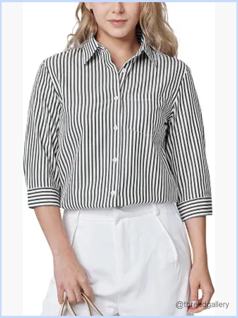 Striped Button Down Shirt 3/4 Sleeve Collared Blouse Office Work Top Pocket